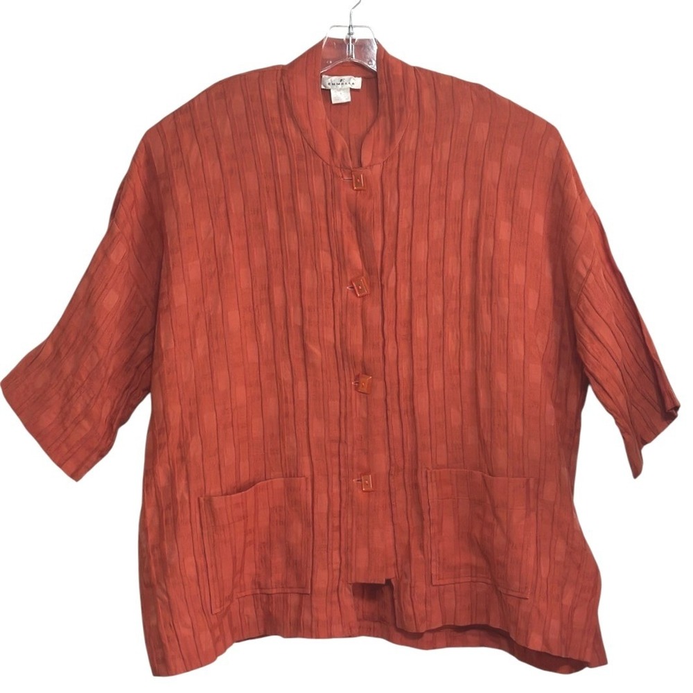 Emmelle Jacket Women Burnt Orange Texture Linen Mandarin Collar USA Made Fall XL